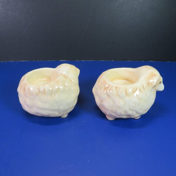 Tan Sheep Lamb (2) Tea Light Holders w Tree design on side Has Crazing Ceramic - Picture 4 of 15